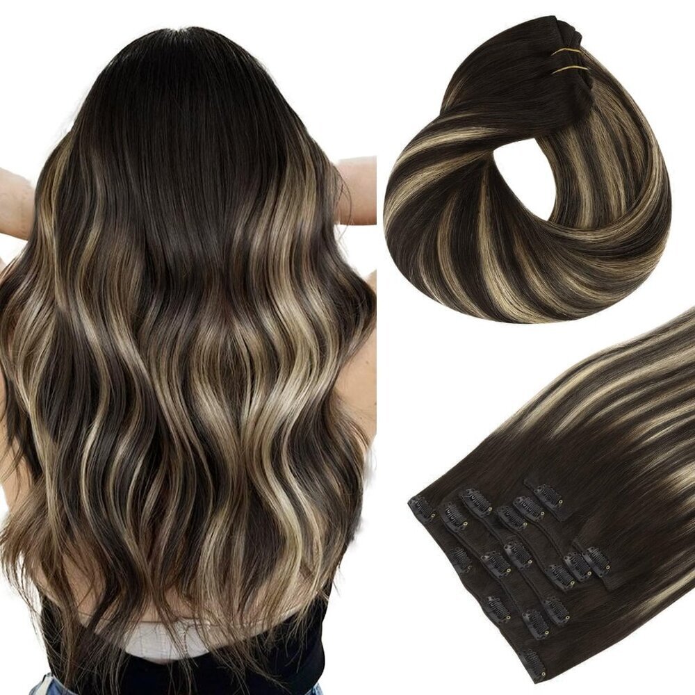 Human Hair Extensions Clip in 18 Inch Balayage Natural Black Blonde Remy